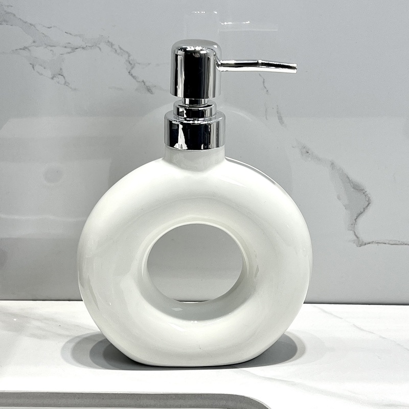 Modern Ceramic Soap & Lotion Dispenser – Unique Geometric Designs, 300ml Capacity(Donut lotion bottle milky white)