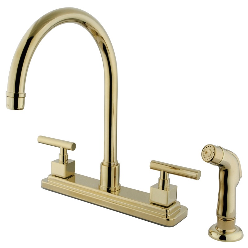 Claremont KS8792CQL Two-Handle 4-Hole Deck Mount 8″ Centerset Kitchen Faucet with Side Sprayer, Polished Brass