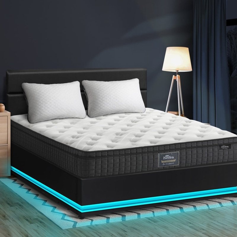 Oikiture Bed Frame with Mattress Queen Size LED Gas Lift Black LAYZ