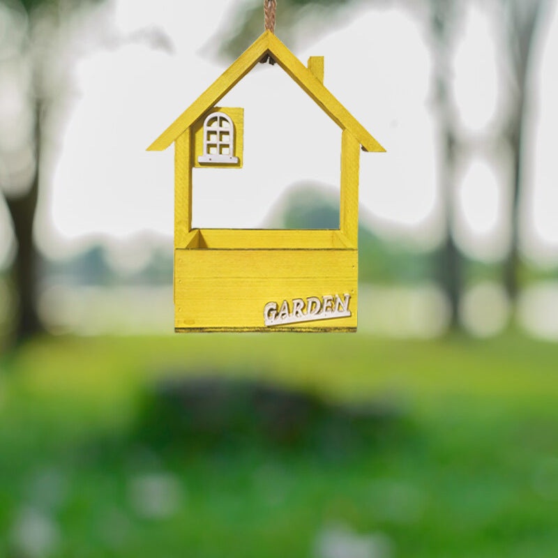 Yellow Charming Wooden House Hanging Bird Feeder – Attract Wild Birds to Your Garden