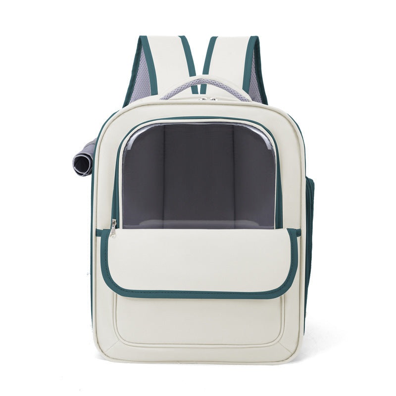 Beige And Green Spacious Pet Carrier Backpack with Clear Window – Comfortable Travel Bag for Cats & Small Dogs