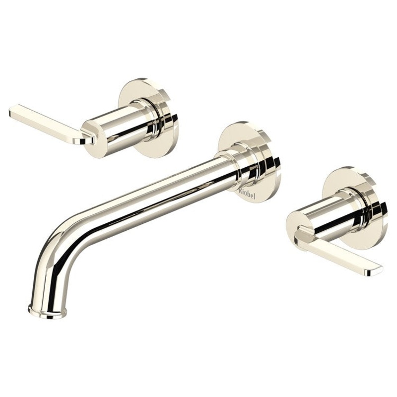 Lavatory Faucet Authentica 8 Inch Spread 2 Lever ADA Watersense Polished Nickel 1.2 Gallons per Minute Wall Mount Less Drain 3 Hole