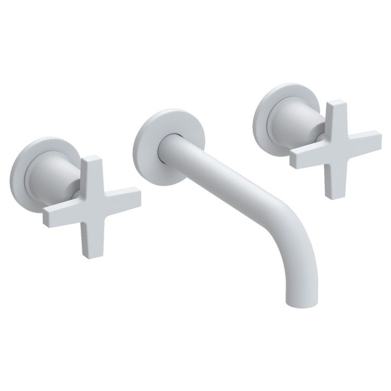 Lavatory Faucet Dorrance Wall Mount 8 Inch Spread 2 Cross ADA Watersense Matte White 1.2 Gallons Per Minute Brass Less Drain Spout Reach 7-1/9 Inch