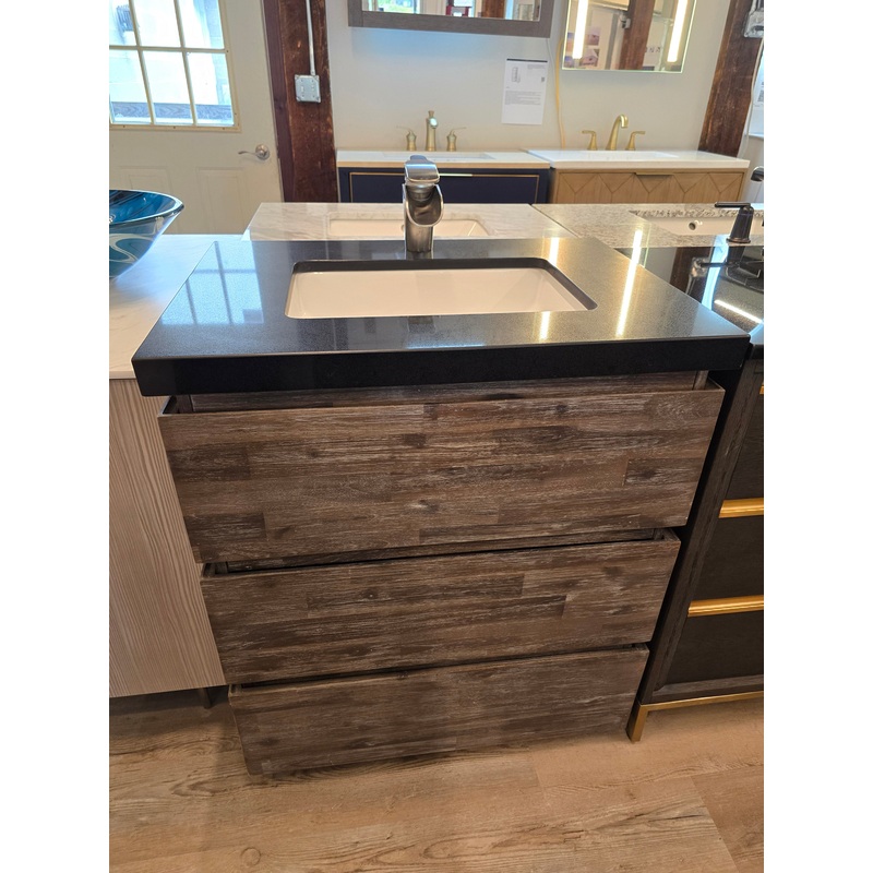 30″ Dark, Natural Wood Vanity Set with Black Granite Top and Brushed Nickel Waterfall Faucet