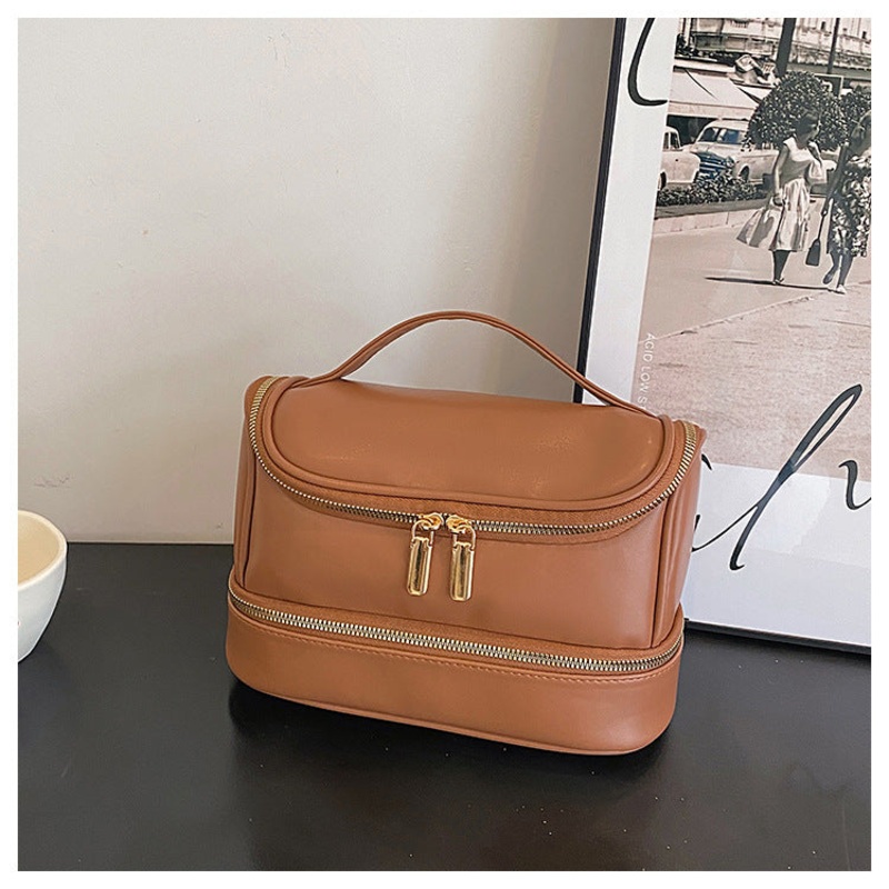 Brown Large Capacity Double Layer PU Leather Makeup Bag – Portable Travel Cosmetic Organizer Case