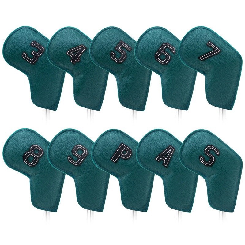 Dark Green Golf Iron Head Covers Set of 10 – Waterproof PU Leather Club Protectors with Embroidered Numbers (3-9, P, A, S)