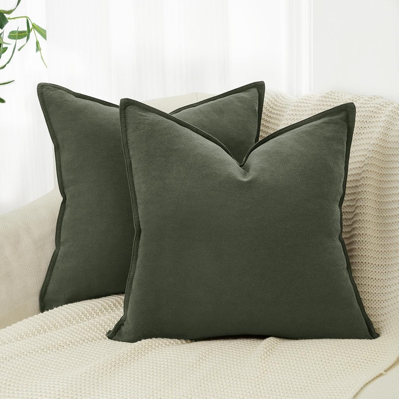 Linen Cushion Covers – 30% Linen 70% Cotton Blend, Soft & Breathable with Hidden Zipper Design – Khaki Green, 45cm x 45cm (Twin Pack)