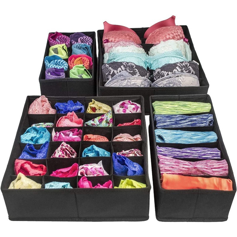 4 Pack Foldable Drawer Dividers Storage Boxes (Black)