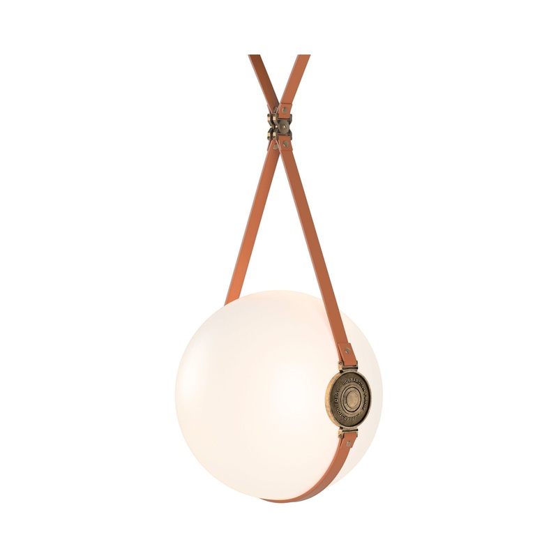 Derby Large LED Pendant Black Antique Brass with Chestnut Leather Hubbardton Forge Branded Plate