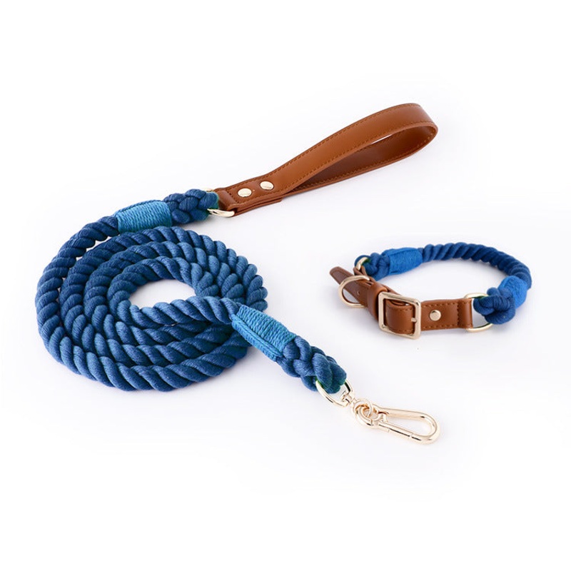 Premium Leather Pet Collar and Leash – Soft, Strong Braided Rope (Navy blue – Size L)