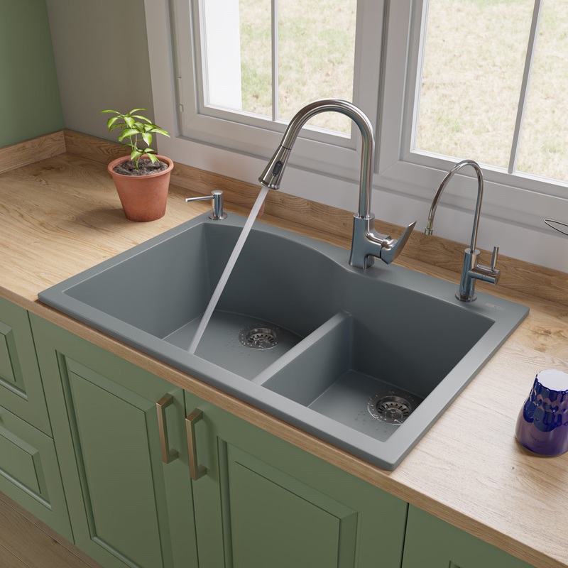 ALFI brand AB3320DI-T Titanium 33″ Double Bowl Drop In Granite Composite Kitchen Sink