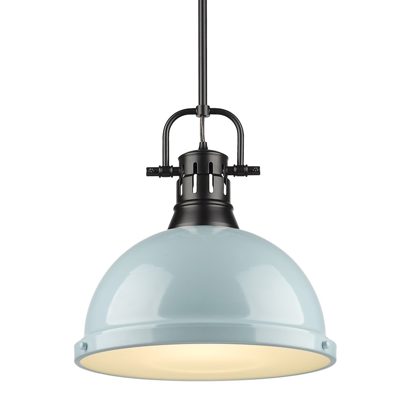 Duncan 1 Light Pendant with Rod in Matte Black with a Seafoam Shade
