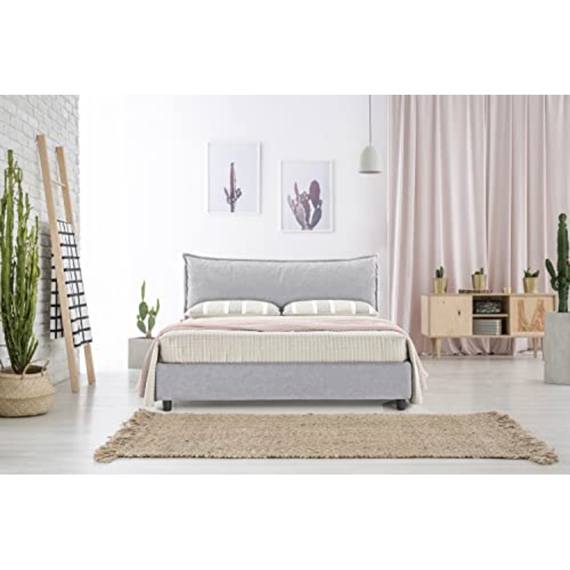EVERGREENWEB – Letto Matrimoniale con BOX Contenitore + MATERASSO Matrimoniale + Coppia Cuscini Memory INCLUSI + Rete a Doghe in Legno, Elegante Testiera Tessuto Grigio Imbottito SFODERABILE Mod ALEXA