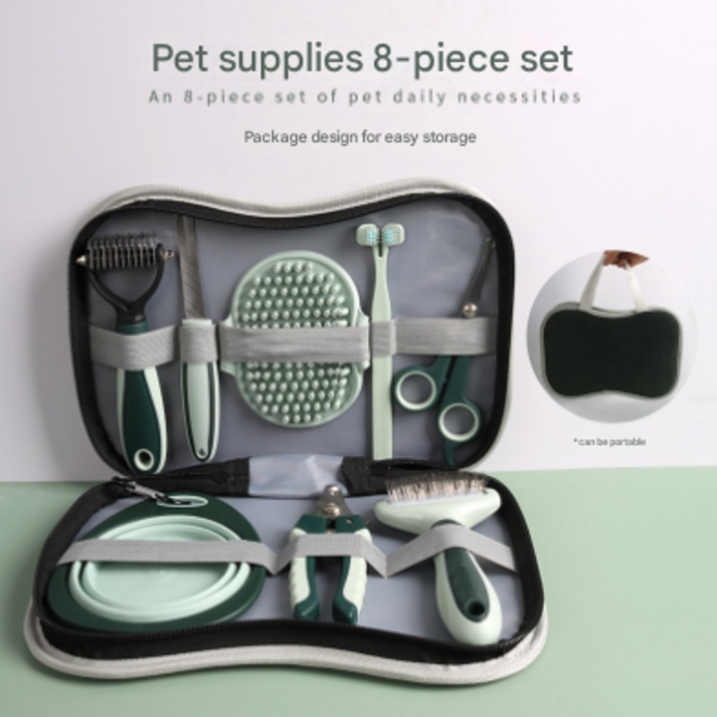 Grey and Green Complete 8-Piece Pet Grooming Kit – Essential Dog & Cat Care Tools with Brushes, Nail Clippers, Scissors & Portable Case
