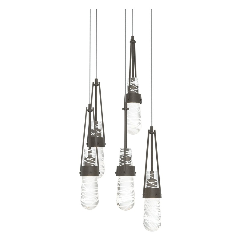 Link 5-Light Blown Glass Pendant Dark Smoke Clear Glass with White Threading (YJ)