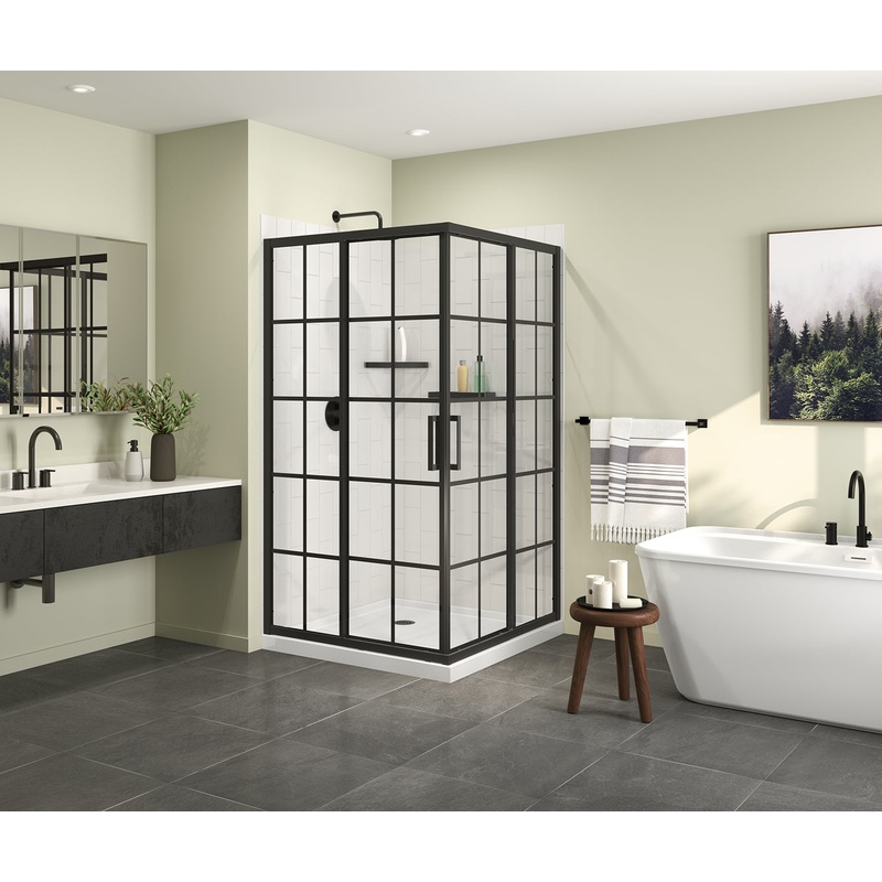 MAAX 107486-977-340-000 Scarlet 42 x 42 Acrylic Corner Drain Shower Kit in White with French Glass in Matte Black