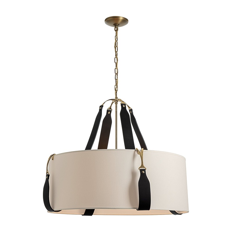 Saratoga Large Pendant Antique Brass Black Leather Flax Shade (SE)