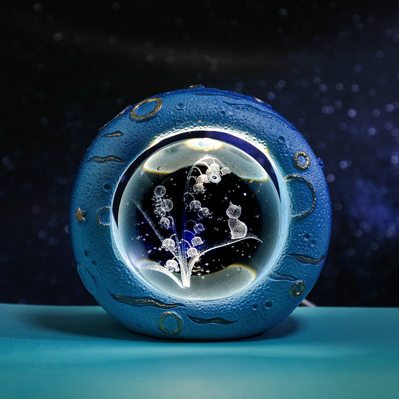 Celestial Ring LED Crystal Ball Lamp – 3D Engraving, Unique Gift (Lily of the Valley)