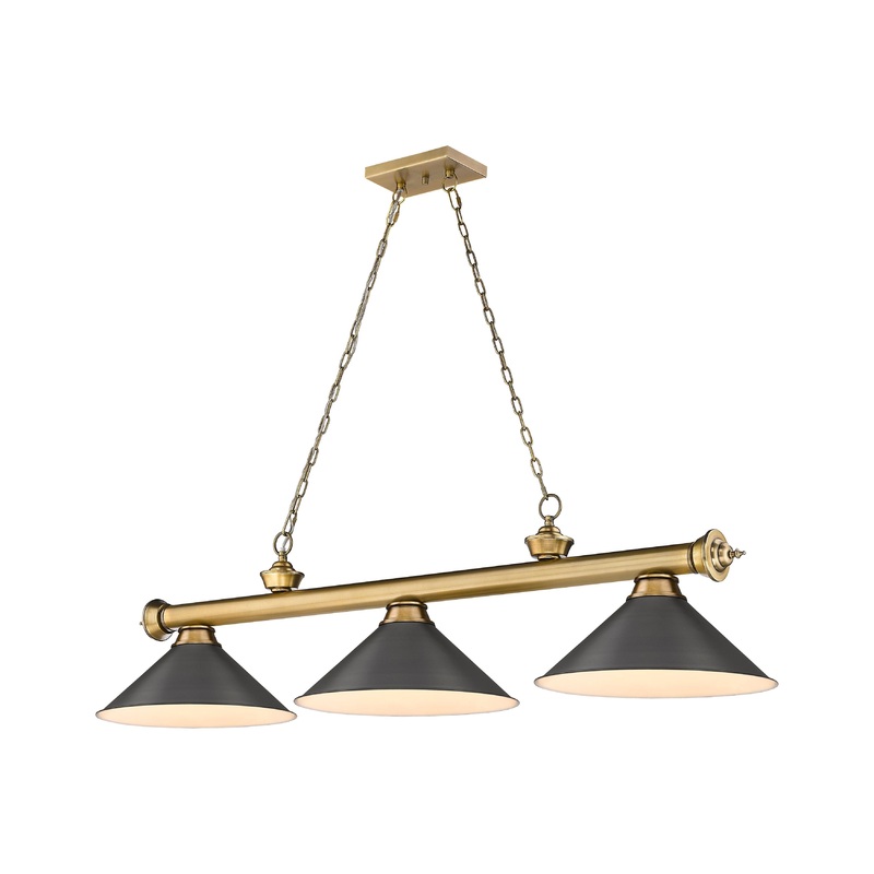Cordon 3-Light Billiard Rubbed Brass Cone Bronze Steel