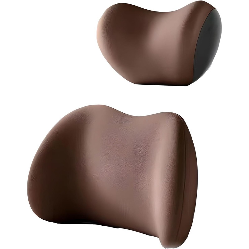 Brown Ergonomic Memory Foam Car Headrest & Lumbar Support Cushion Set – Driving Comfort Neck & Back Pillow