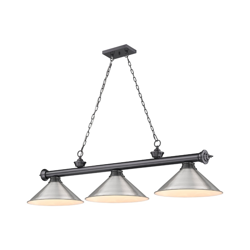Cordon 3-Light Billiard Bronze Plate Cone Brushed Nickel Steel