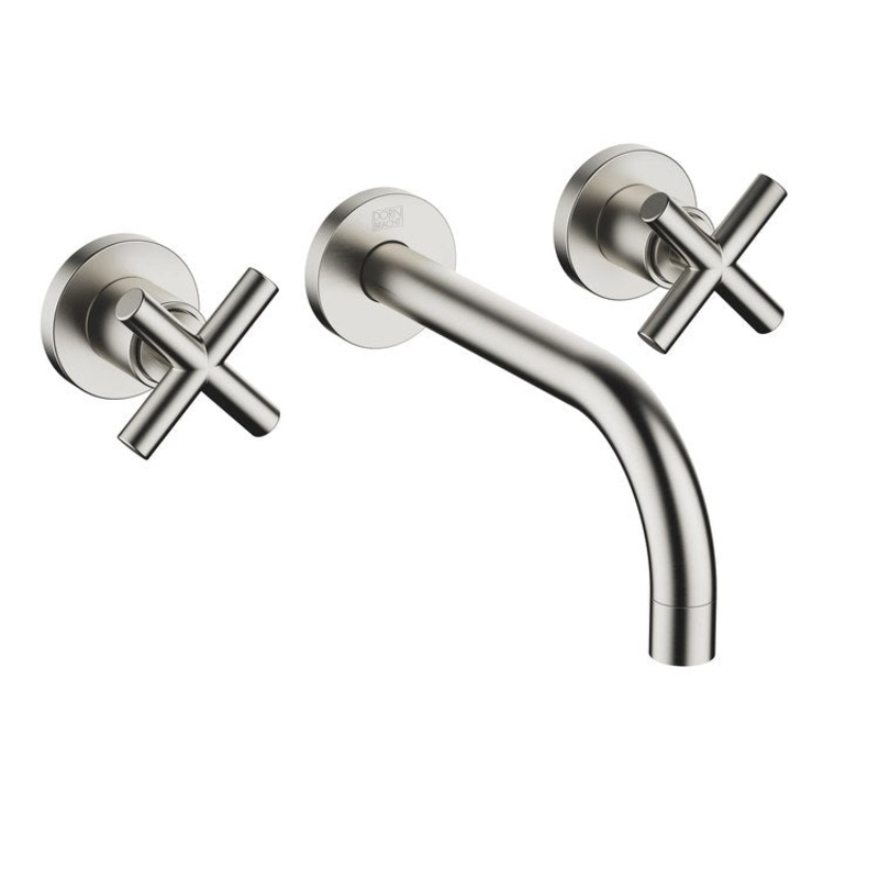 Lavatory Faucet TARA Wall Mount Mixer 2 Cross ADA WaterSense Brushed Platinum 1.2 Gallons per Minute Less Drain 3 Hole