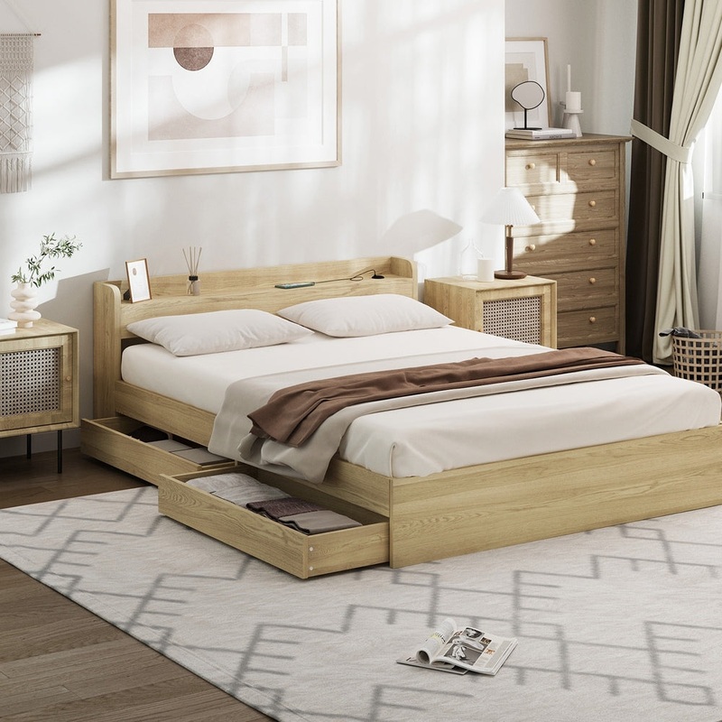 Oikiture Double Bed Frame with Charging Ports and 2 Drawers