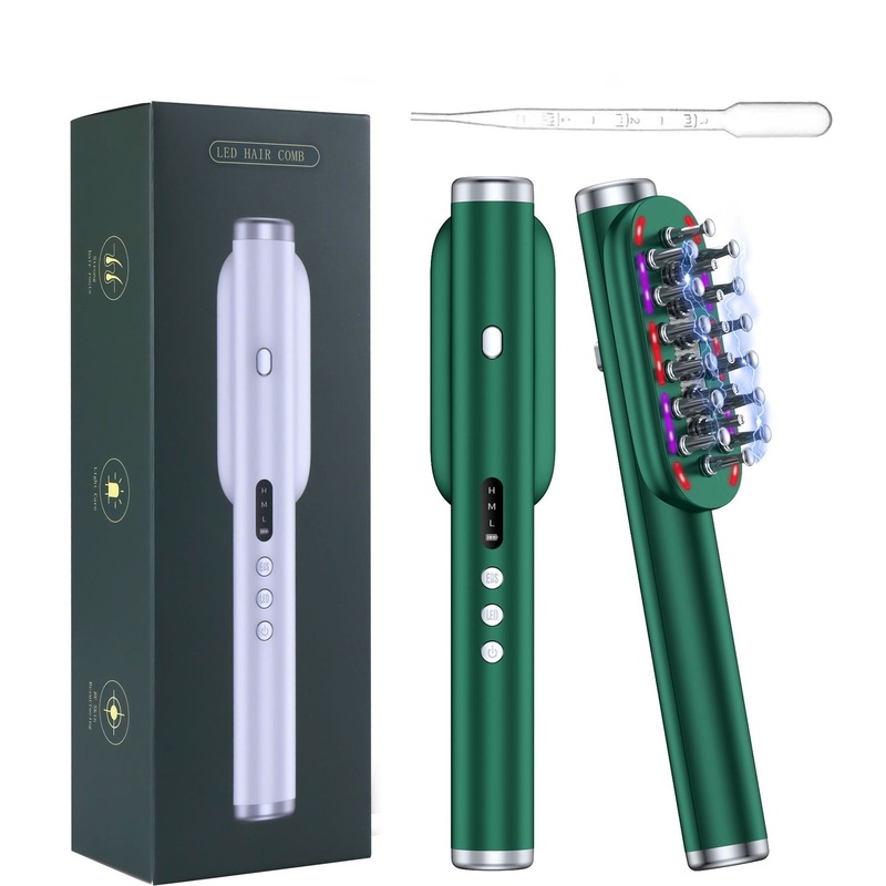 Green Vibrating Scalp Massager Comb – LED Therapy & Oil Infuser for Hair Growth