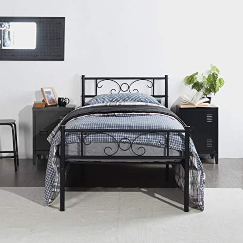 Symylife Base letto singola in metallo, per materasso 90×190 cm, per bambini e adulti, ragazzi, con statuetta in metallo e struttura in acciaio, Nero