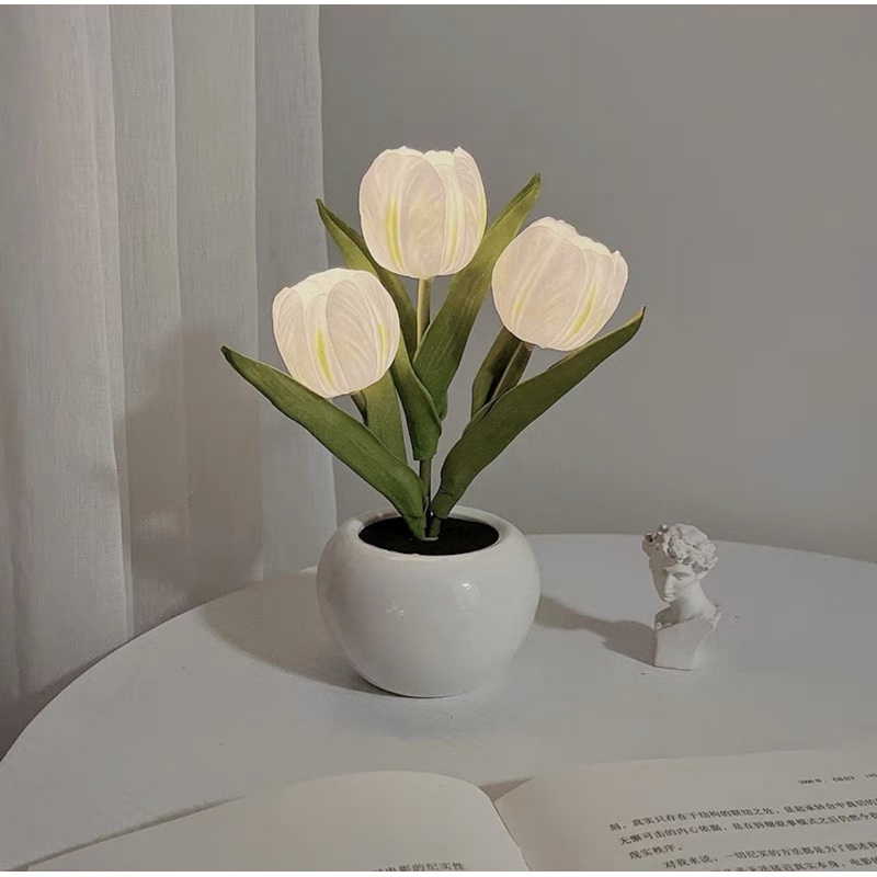White Charging model Artificial Tulip Bouquet LED Light – Ceramic Pot Desk Lamp
