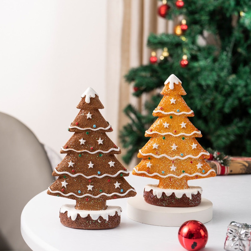 2 Pcs (1 Yellow + 1 Brown) Charming Gingerbread Christmas Tree Figurine – Festive Resin Holiday Table Decor Ornament