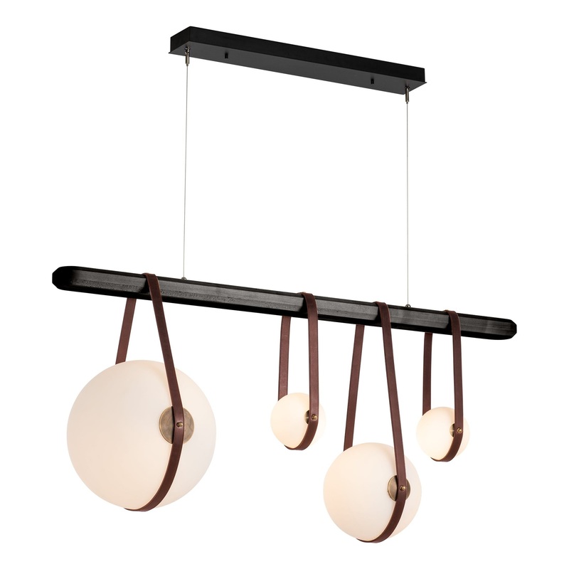Derby Linear 4-Light LED Pendant Black Antique Brass with British Brown Leather Black Wood
