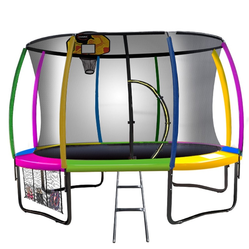 Kahuna 12ft Outdoor Trampoline Kids Children With Safety Enclosure Pad Mat Ladder Basketball Hoop Set – Rainbow