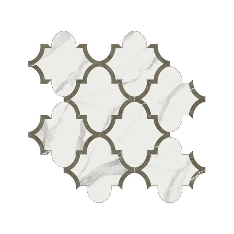 Mayfair Statuario Venato Arabesque Polished Porcelain Mosaics. 1 Sheet = .97 Sq. Ft.
