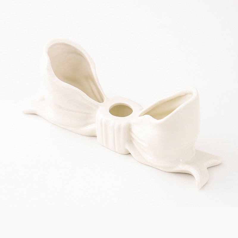 White Elegant Ceramic Bow Taper Candle Holder – Stylish Tabletop Decor Accent