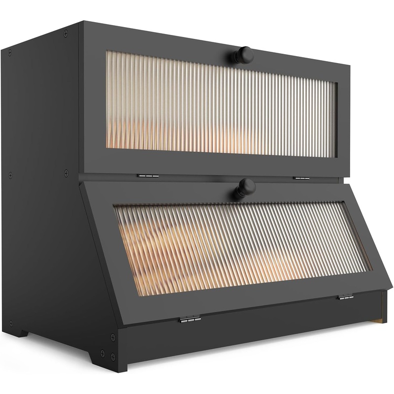 CARLA HOME Double Layer Bamboo Bread Box for Kitchen Counter – Large Capacity Bread Storage Container with Clear Window, Easy Assembly, Farmhouse Style Bread Holder (Black)