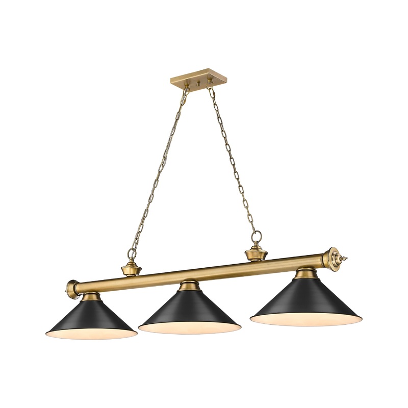 Cordon 3-Light Billiard Rubbed Brass Cone Matte Black Steel