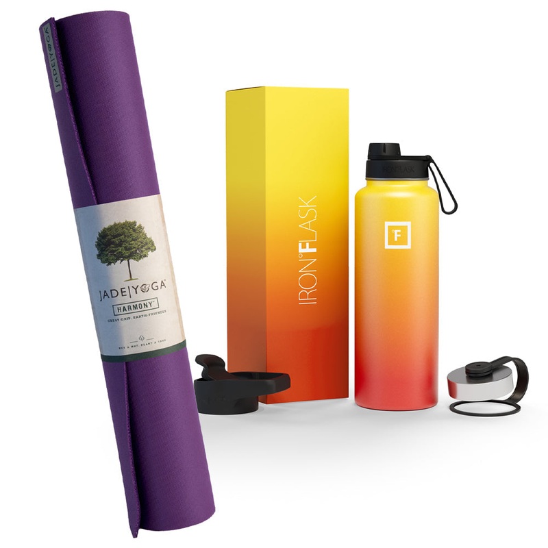 Jade Yoga Harmony Mat – Purple & Iron Flask Wide Mouth Bottle with Spout Lid, Fire, 32oz/950ml Bundle