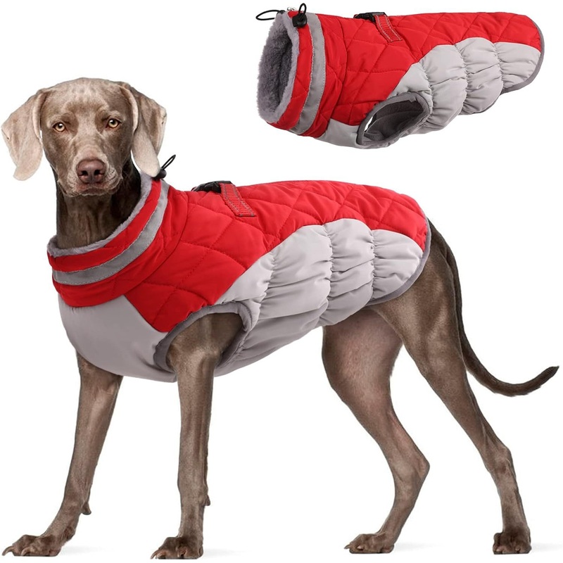 XL Red Grey Premium Winter Puffer Dog Coat – Windproof & Fleece-Lined Jacket for Cold Weather