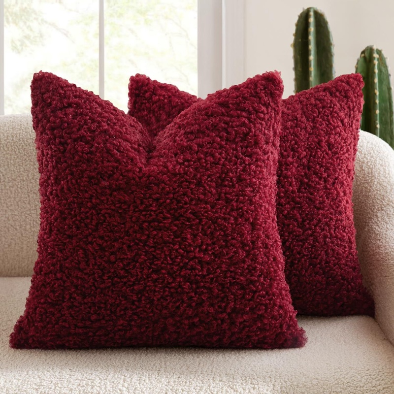 2 Pcs Red Cozy Teddy Boucle Cushion Cover – Plush Decorative Square Pillow Case for Sofa & Bed