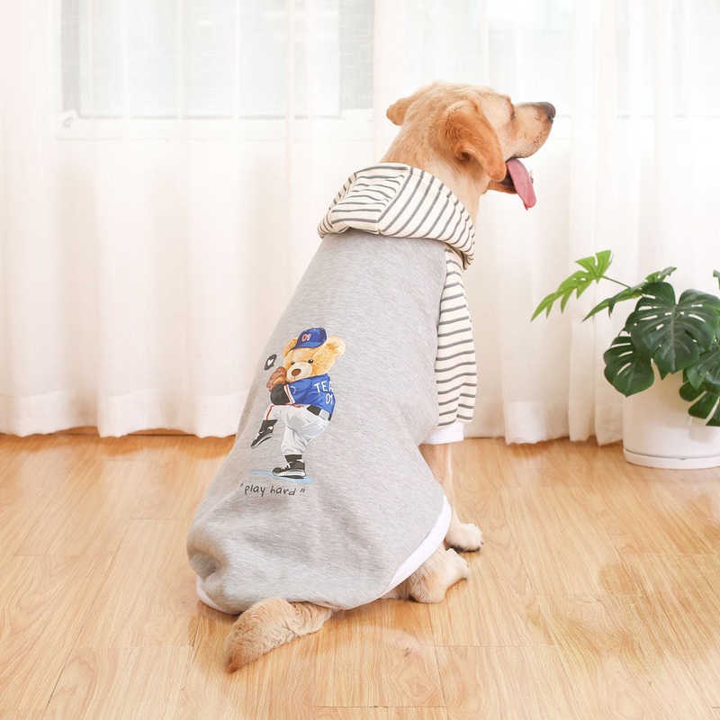 Autumn/Winter Dog Clothes – Grey Hoodie with Striped Hood & Baseball Bear (Size – 2XL)