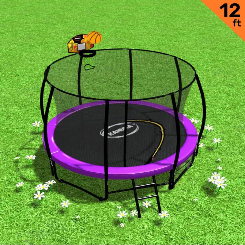 Kahuna 12ft Outdoor Trampoline Kids Children With Safety Enclosure Pad Mat Ladder Basketball Hoop Set – Purple
