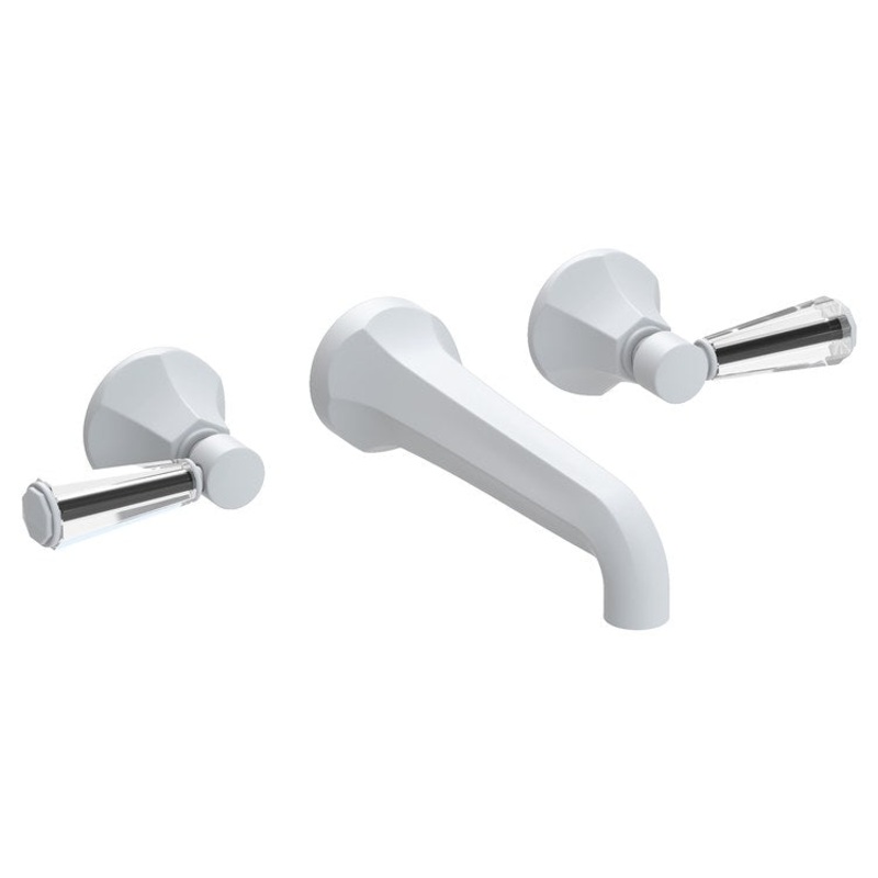 Lavatory Faucet Metropole Wall Mount 8 Inch Spread 2 Lever ADA WaterSense Matte White 1.2 Gallons Per Minute Brass/Crystal Less Drain Spout Reach 7-1/2 Inch