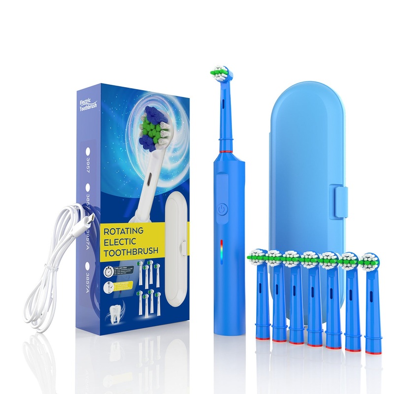 Rotating Electric Toothbrush with 3D Cleaning Action – 3 Modes, IPX7 Waterproof, with Travel Case & 6 Brush Heads(blue)