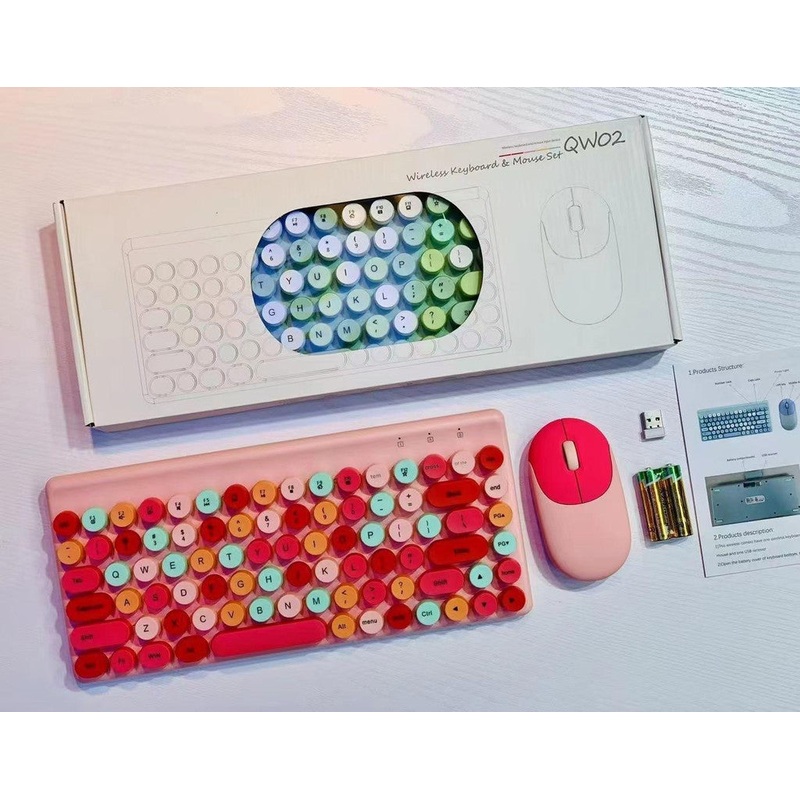 Wireless Keyboard & Mouse Combo – Retro Round Keycaps, 2.4GHz Ergonomic Design(pink)