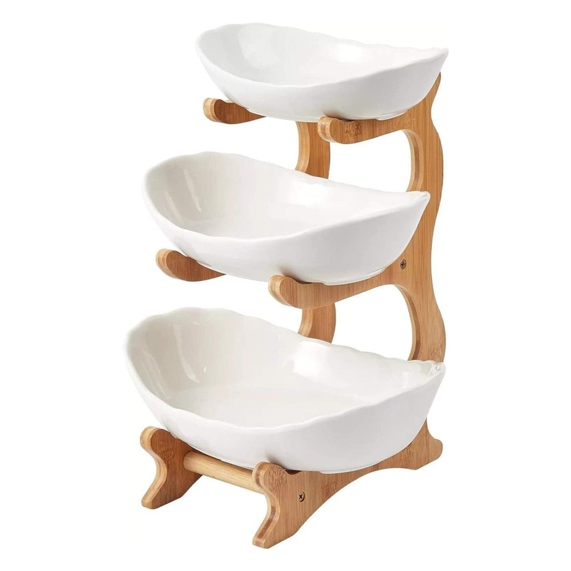 3 Tier Porcelain Fruit Bowl – Ceramic Vegetable Storage With Bamboo Stand