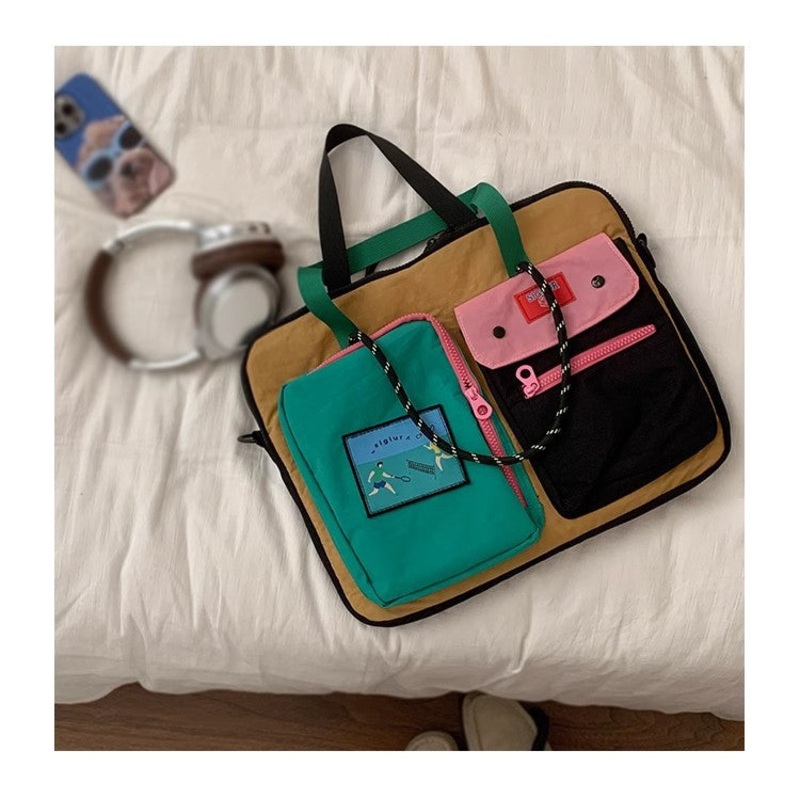 Black Color Block Canvas Laptop Tote Bag – Funky Multi-Pocket Design for Women (37*31*3cm)