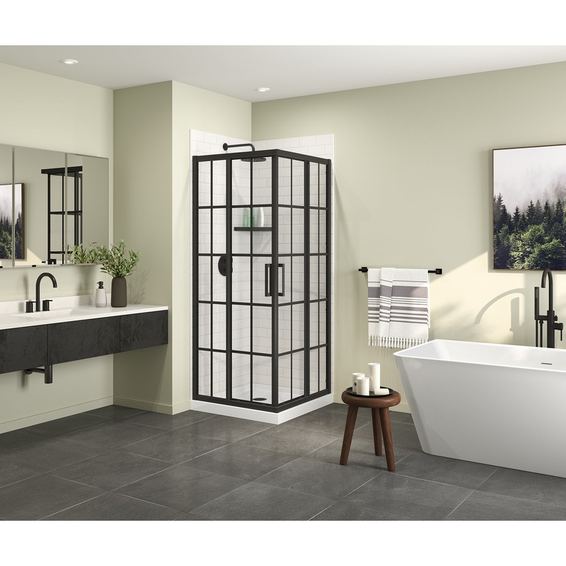 MAAX 107484-977-340-000 Scarlet 32 x 32 Acrylic Corner Drain Shower Kit in White with French Glass in Matte Black