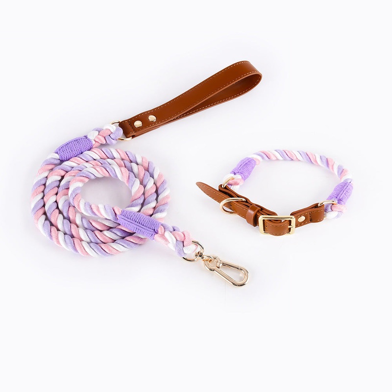 Premium Leather Pet Collar and Leash – Soft, Strong Braided Rope (Pink Purple – Size S)