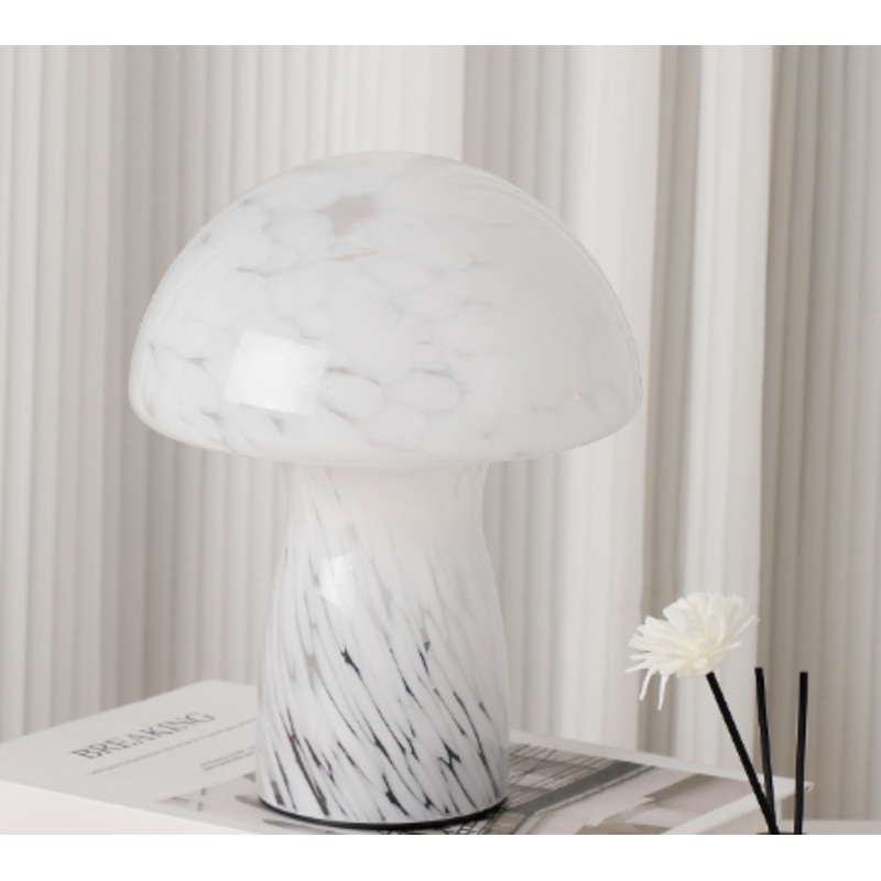 Speckled White Retro Swirl Glass Mushroom Table Lamp – LED Bedside Night Light